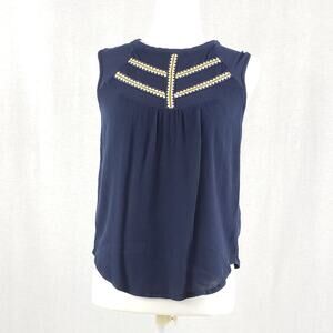 Anthropologie Elodie Sleeveless Top Women S Navy Blue Flowy Crepe Embroidered